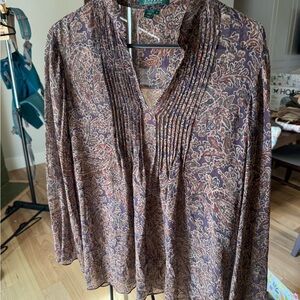 Ralph Lauren Brown Paisley Pintuck V-Neck Blouse 100% silk
